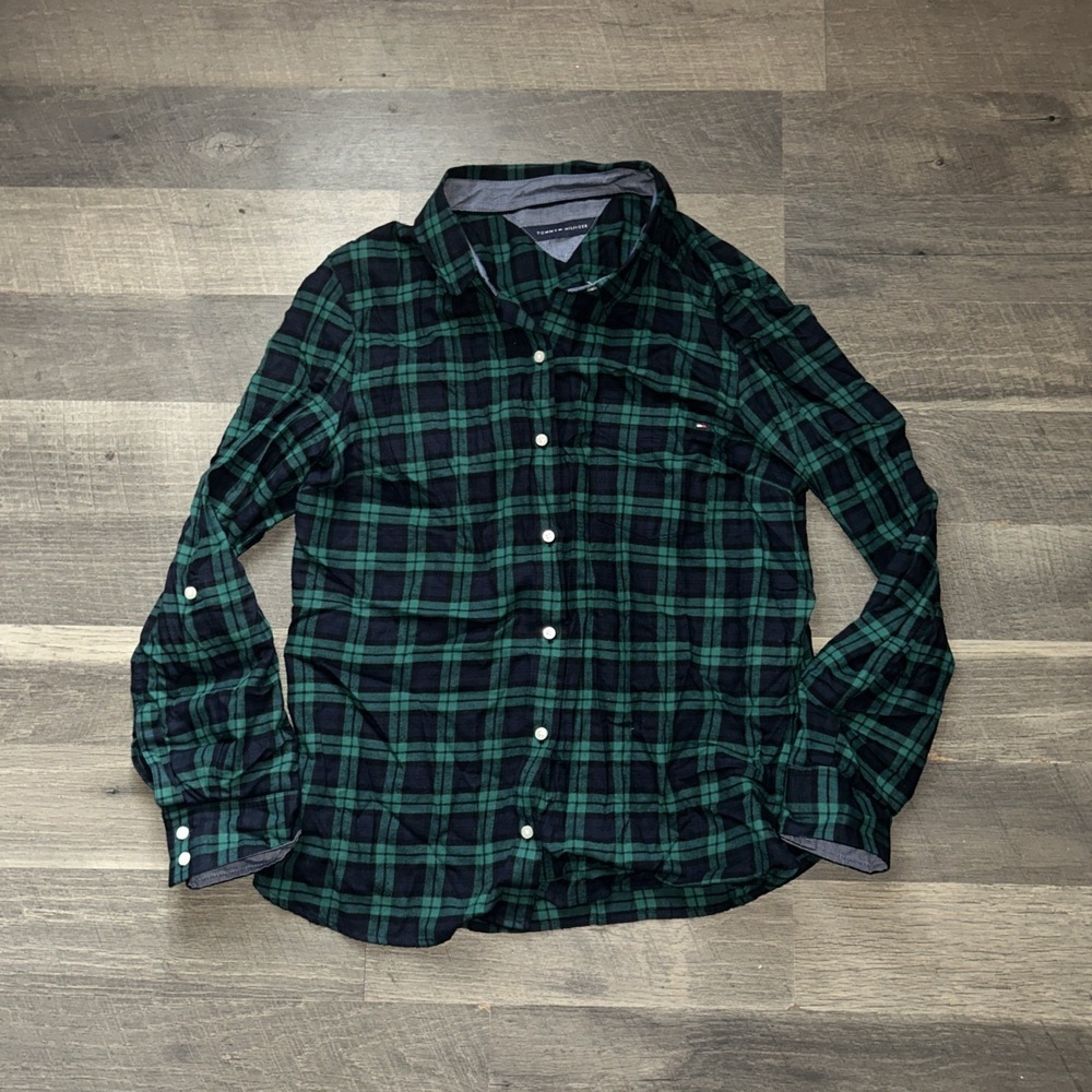 NWOT‎ Tommy Hilfiger Green Plaid Cotton Button Down Long Sleeve Shirt Small